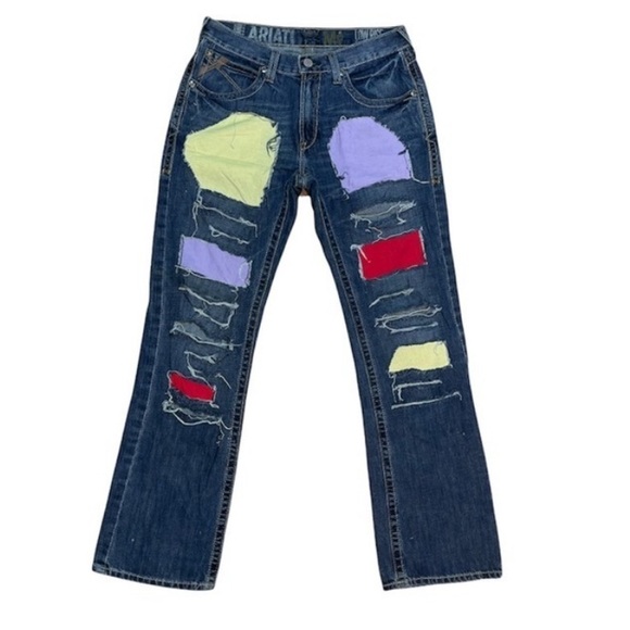 ARIAT Denim M5 Men’s Blue Jeans Low Rise Straight 31x34 W/ Patches Distressed - Picture 1 of 15